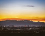 Las Vegas skyline at sunset.