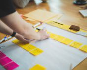 A person writing on post-it notes.