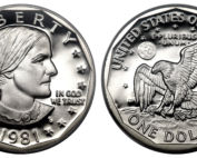 Front and back view of silver dollar with Susan B. Anthony on front and eagle on back.