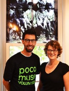 young man (Jake) and young (woman) in front of window with historic image overlay